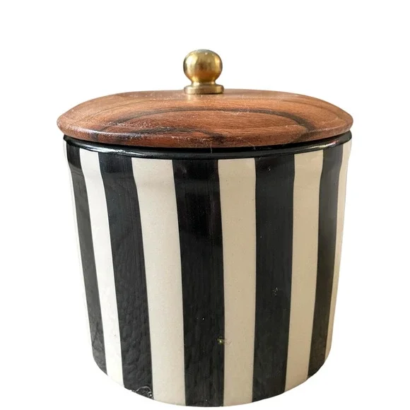 Hand Painted Striped Ceramic Canister w/ Wood Lid Made in India Black Cream NEW - Picture 8 of 15